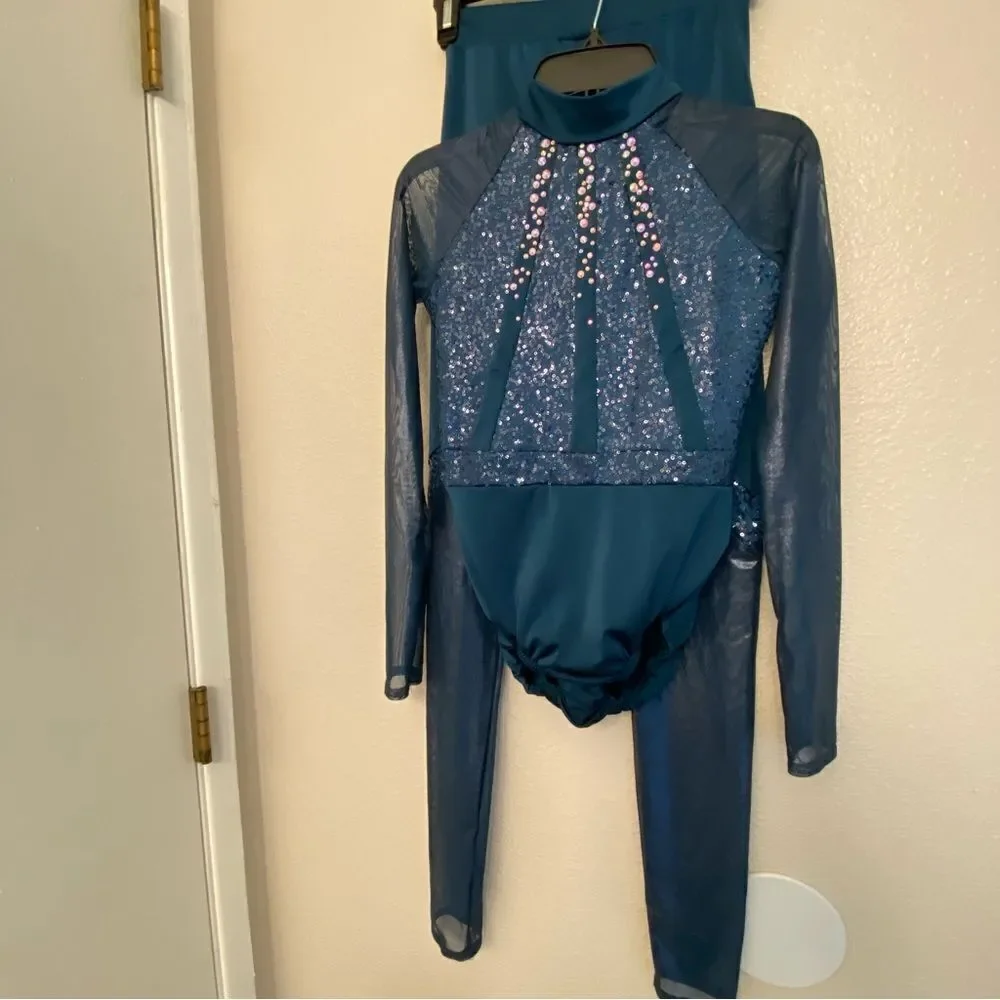 Kelle dance custume blue leotard pant 2 piece illusion NEW RULES 103501 LC